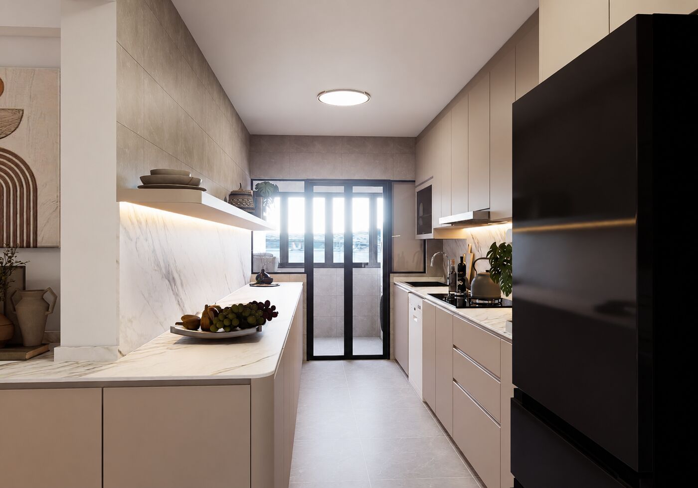 Bright kitchen with black fridge