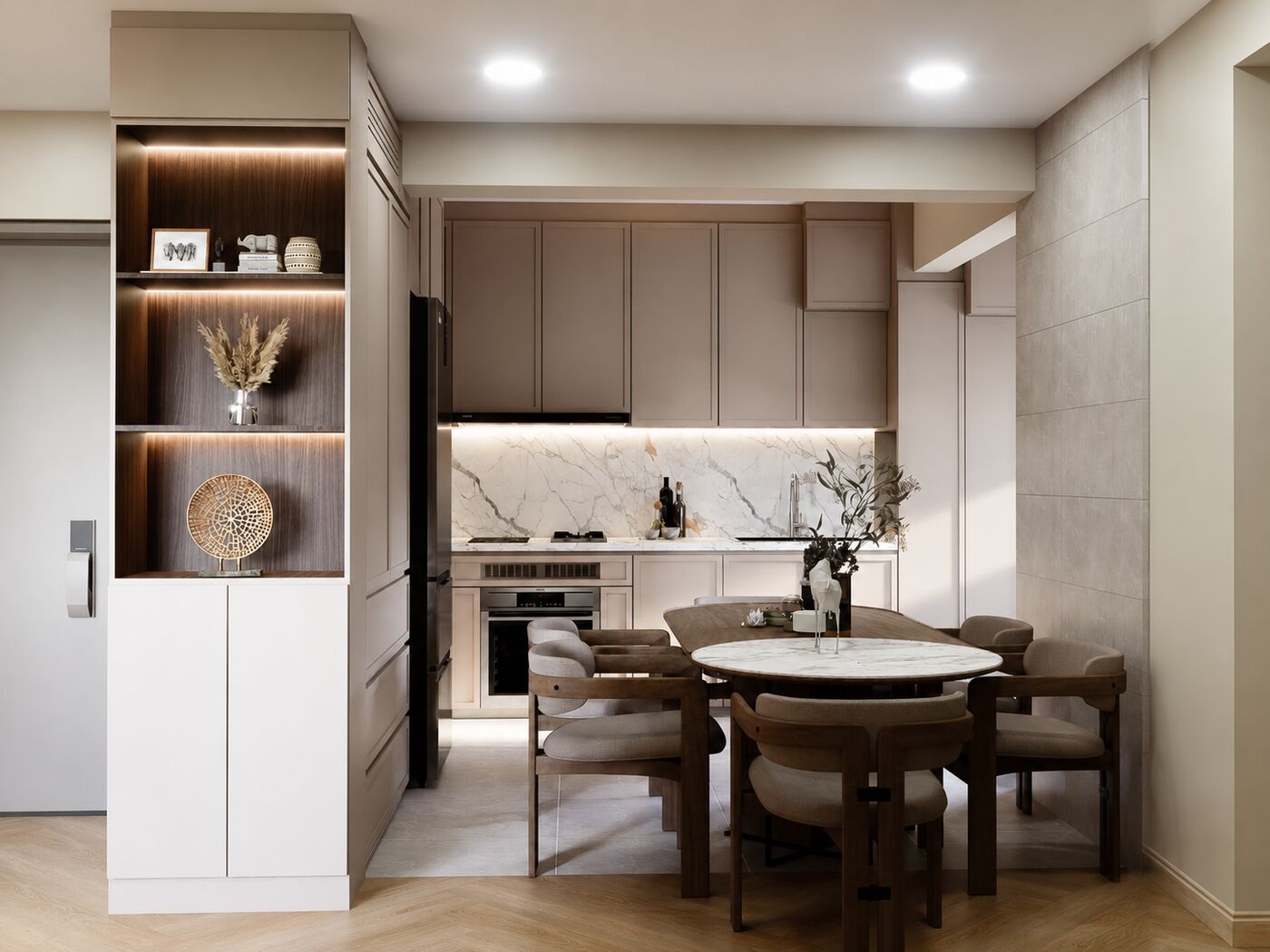 Taupe kitchen and dining