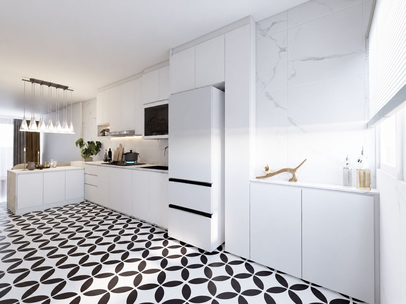 Kitchen with patterned floor