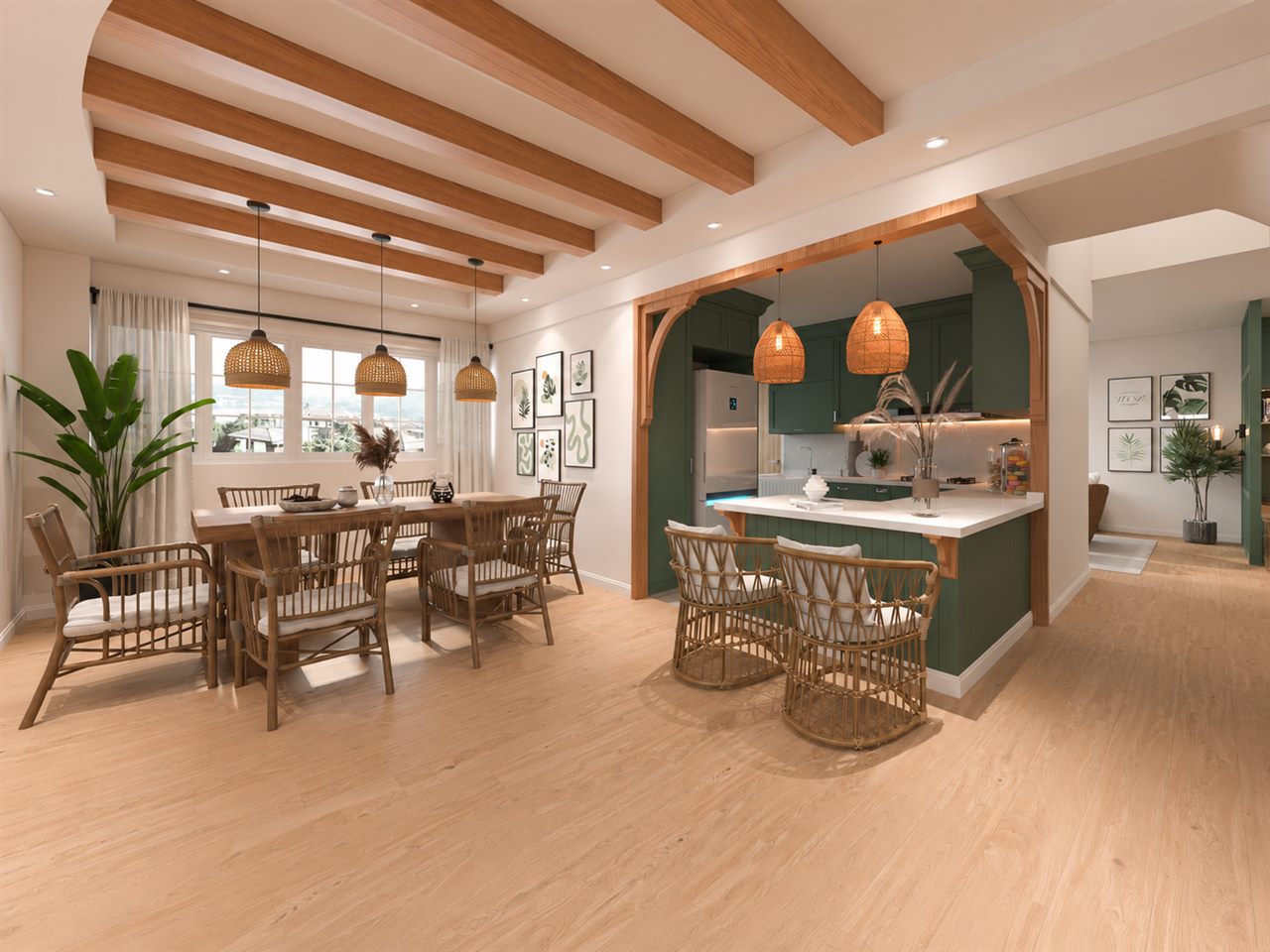 Living and dining with panelled walls