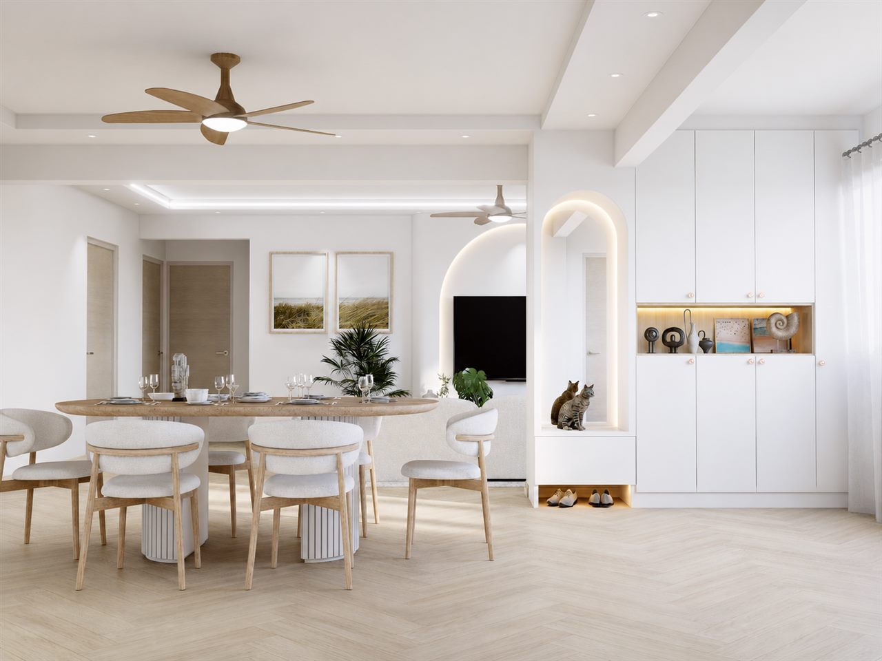Bright dining room with arch niche