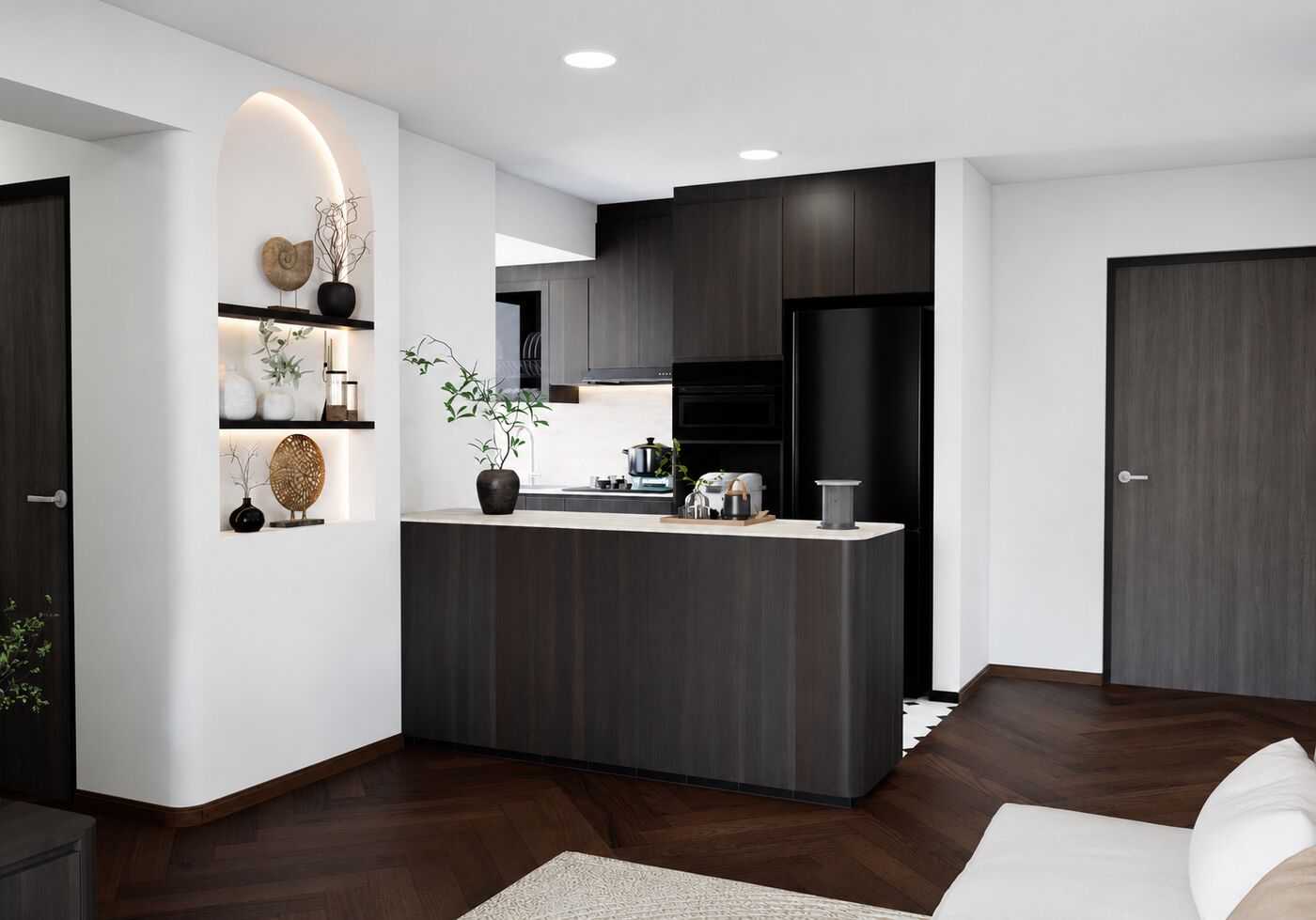 Dark-wood peninsula kitchen