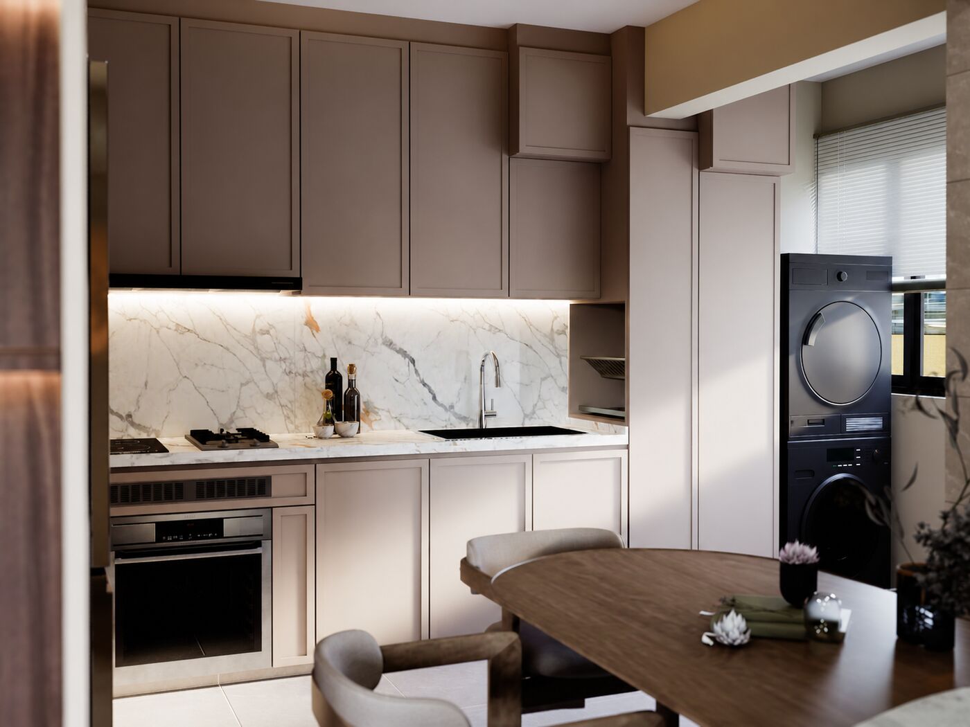 Kitchen with marble backsplash